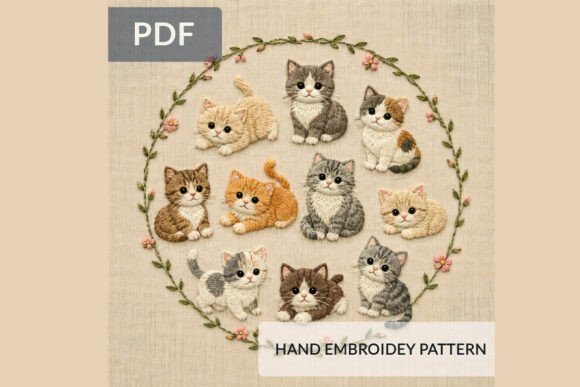 Cute Kitten Embroidery Pattern PDF, Roun